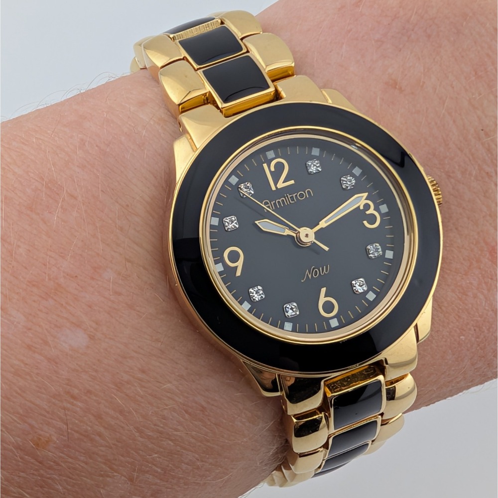 Armitron Now Gold Tone Black Enamel Crystal Accent Womens Watch - Picture 3 of 10